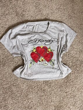 Ed Hardy Light Gray Tee with Red Heart Tattoo Graphic Cropped